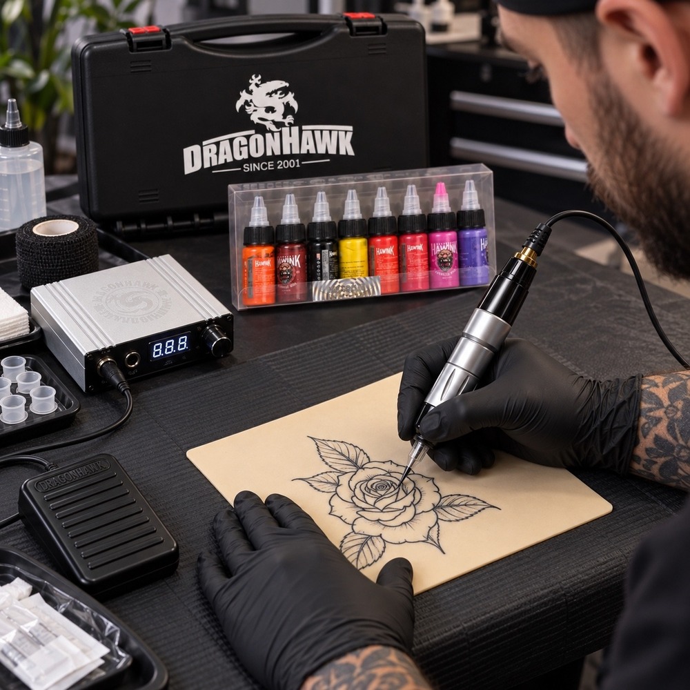 Dragonhawk Rotary Tattoo Machine Kit Power Supply Needles Case Practice Set
